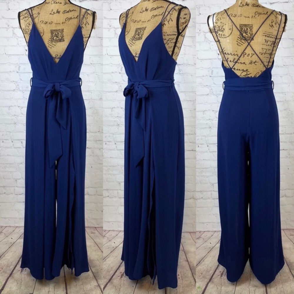 GB Navy Blue Plunge Front Strappy Back Wide Leg Jumpsuit